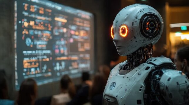 Ai professor teaching class with advanced robot at digital whiteboard