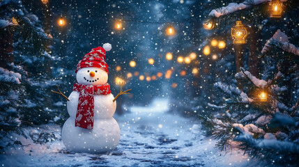 Snowman with a red hat and scarf stands in a snowy forest with twinkling lights..