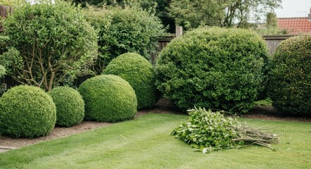 Trimmed hedges and bushes in well-maintained garden