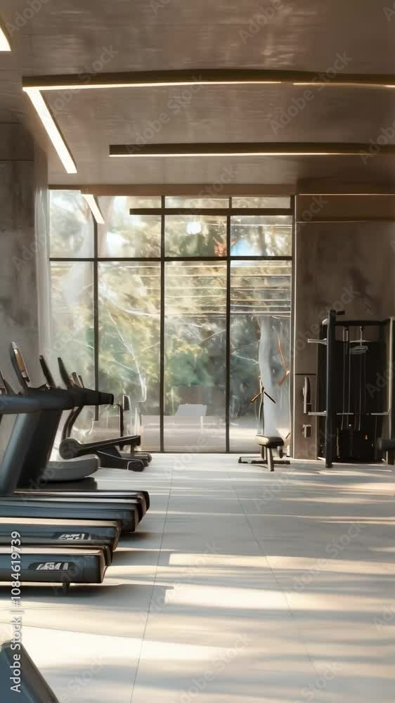 Poster Sunlight streams into a modern gym illuminating a row of treadmills and other exercise equipment, promoting a healthy and active lifestyle
