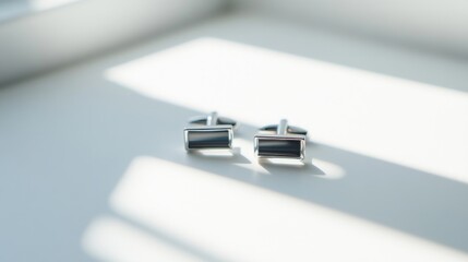 Two silver cufflinks lay on a white surface.