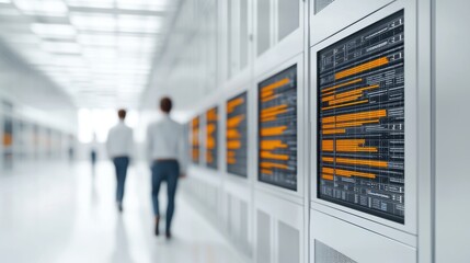 Blurred figures in a data center hallway with focus on server racks displaying orange digital codes.