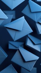 Abstract blue envelopes floating on a dark background. Concept of digital communication,