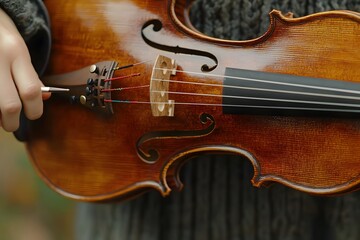 Fototapeta premium A close-up of a hand playing a violin, showcasing its strings and craftsmanship.