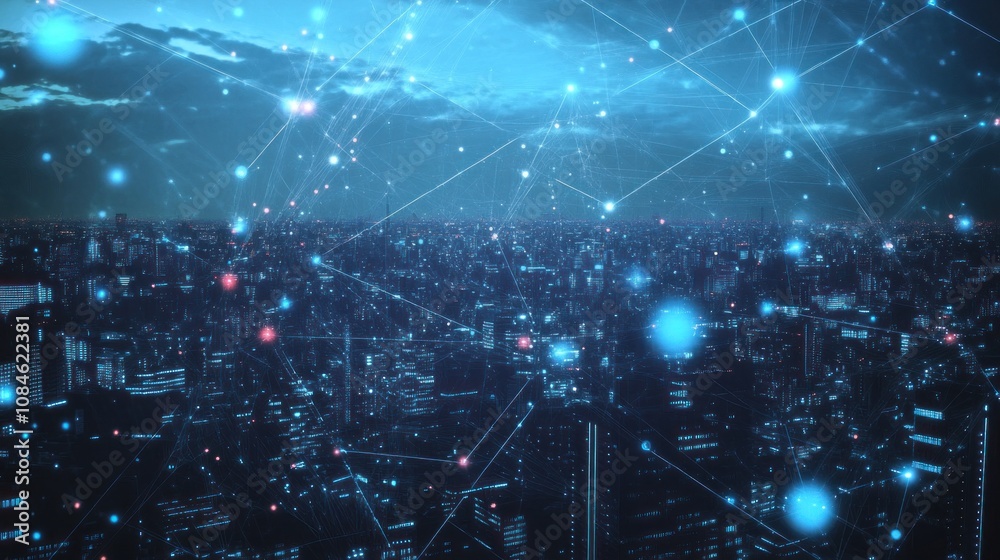 Poster a nighttime view of a cityscape with network connections
