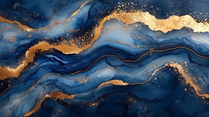 Abstract artwork featuring blue and gold fluid patterns, evoking elegance and depth.