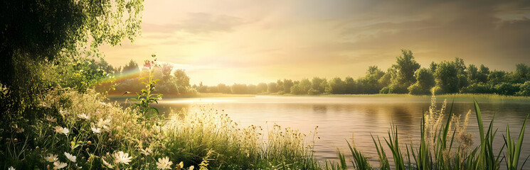 Fototapeta premium A serene lakeside landscape at sunset, showcasing natural beauty and tranquility.