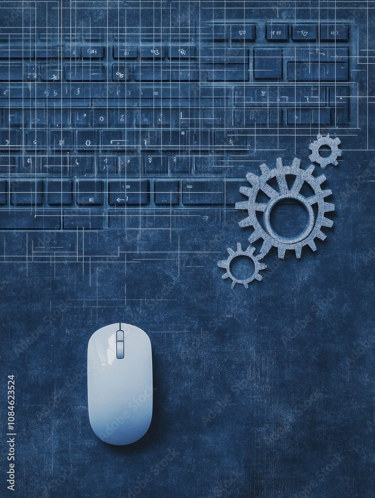 Leinwandbilder A keyboard sits underneath a computer mouse, featuring gears superimposed, representing the blend of technology and design. Generative AI