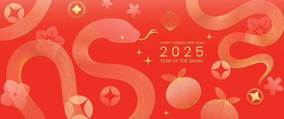 Happy Chinese new year 2025 background vector. Year of the snake design wallpaper with Chinese pattern, gold hanging lantern. Modern luxury oriental illustration for cover, banner, website, envelope.