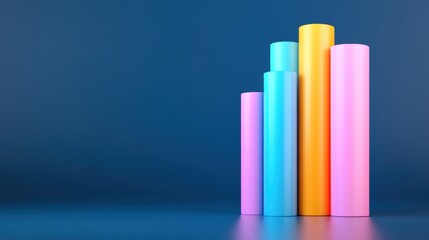 Colorful cylindrical bars in blue, yellow, pink, and purple on a blue background. Abstract minimalistic composition with 3D shapes.