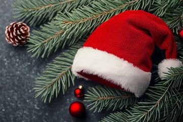 Obraz premium Festive red Santa hat placed on a pine branch adorned with pine cones.