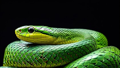 Fototapeta premium A close-up of a green snake with detailed scales and a black background.