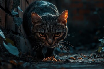 heartbreaking image of a stray cat searching for food in an alleyway at night