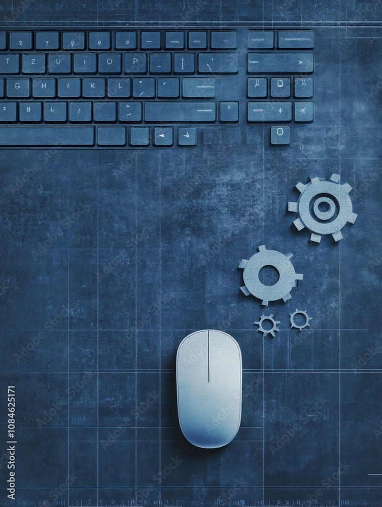 Fototapete A keyboard overlays a computer mouse and gears, symbolizing technology and innovation in a creative workspace setup. Generative AI