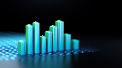 Fototapeta premium 3D bar chart with glowing green and blue columns on a digital grid background.