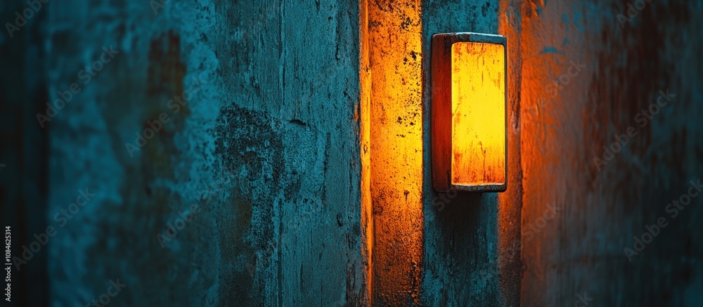 Poster glowing rectangular light fixture on a weathered wall