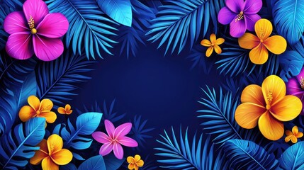 Obraz premium Vibrant Tropical Flowers and Blue Palm Leaves on a Dark Blue Background