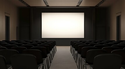 Fototapeta premium A spacious meeting room with rows of black chairs facing a blank presentation screen, ready for a corporate event or seminar.