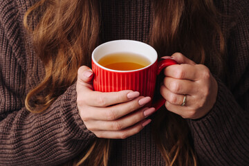 Hot tea in a mug. Woman holding mug of herbal tea. Cold winter relax background. Woolen sweater...