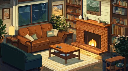 Cozy Night in a Lakeside Cabin: A Warm and Inviting Living Room Scene