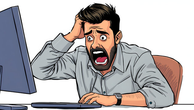 Oh no, error concept. Shocked mature latin man using pc, gasping with open mouth and grabbing his head, sitting at desk isolated with white highlights, png