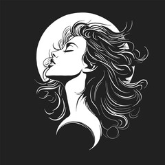 Black and white vector graphic of a beautiful woman with big, curly hair in profile on a solid background, suitable for a logo