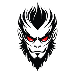 Black and white vector head logo from the monkey king, with red eyes on an isolated background, the design is minimalist using only black lines on a solid white color