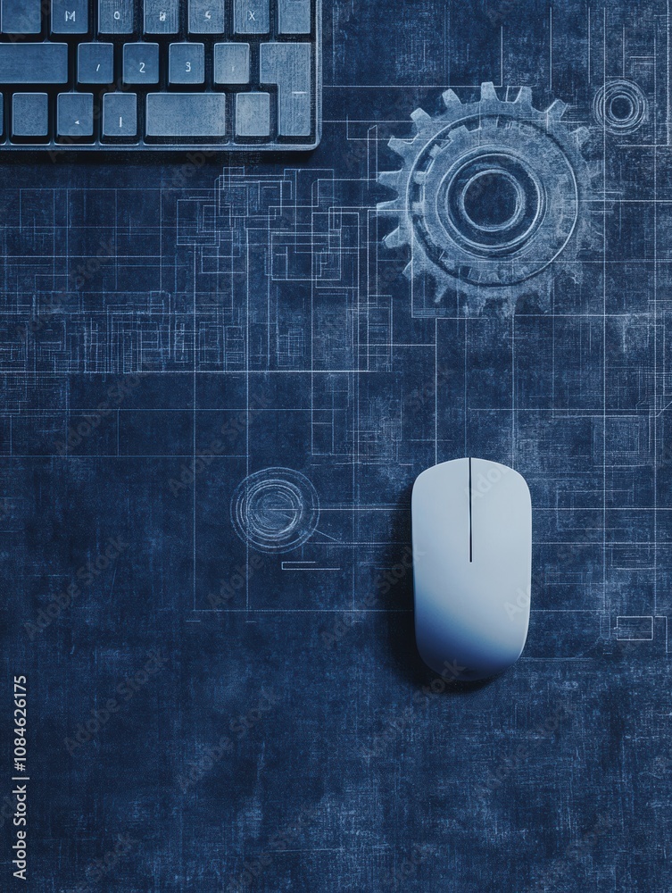 Poster A keyboard is placed beside a mouse on a textured blue surface, featuring a gear design overlay illustrating digital creativity and engineering. Generative AI