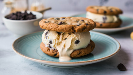 Chocolate Chip Ice Cream Sandwich: Homemade chocolate chip cookie ice cream sandwich with a gooey...