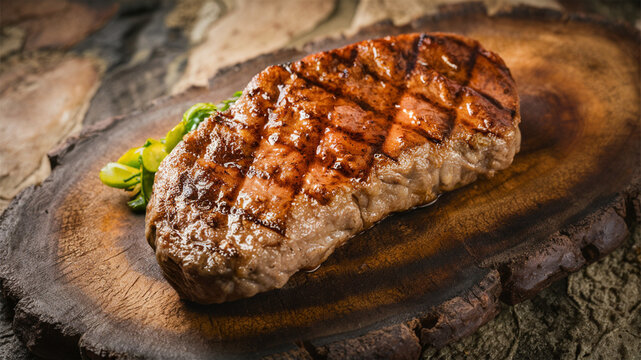 Bistec: Juicy bistec with natural grill marks, served on a rustic wooden board. The background captures a traditional Mexican barbecue 