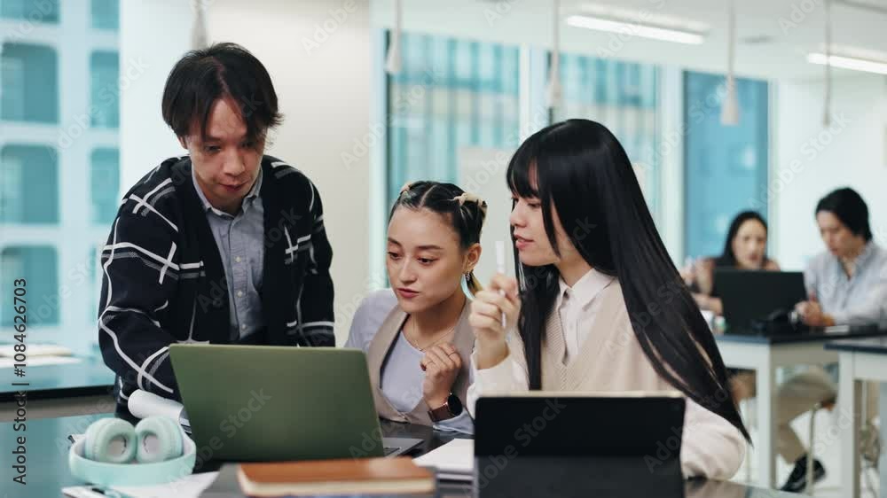 Poster Students, laptop and education teamwork at university with Japanese people, project and thesis writing. College, class and knowledge with notebook and website research for phd of graduate on app