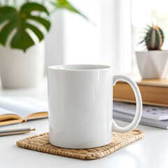 White Mug on a Woven Coaster with Minimalist Workspace Background