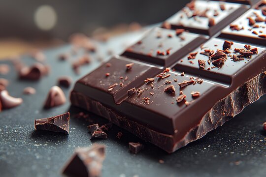 A close-up of dark chocolate pieces on a textured surface, showcasing indulgence and flavor.
