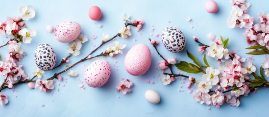 Easter Eggs Decorated with Pink and Black Dots Surrounded by Almond Blossoms on a Blue Background