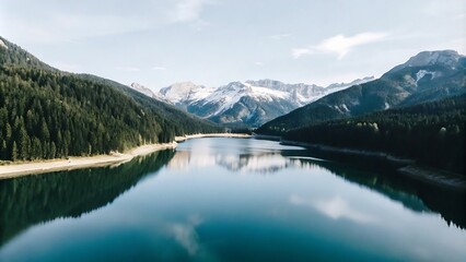Serene Mountain Lake with Snow-Capped Peaks, JPG, AI GENERATED	