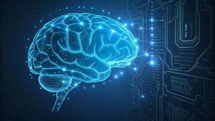 AI Brain Network with Holographic Data Visualization, Glowing Neural Connections, and Cybernetic Interface Against a High-Tech Cityscape V15