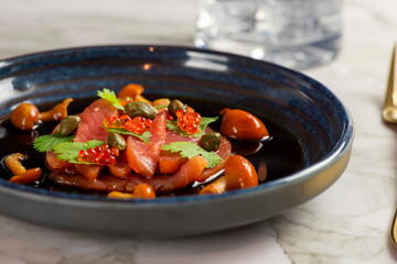 Sliced salmon sashimi, Japanese raw food delicious menu 