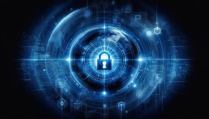 Obraz premium A photograph of a globe with a padlock in the center, surrounded by a network of glowing lines and symbols, representing the concept of global cybersecurity.