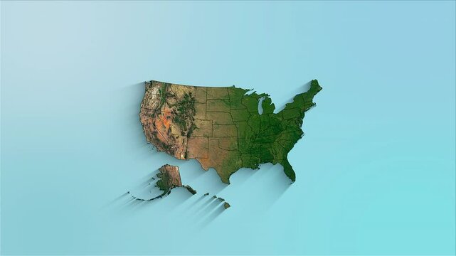 USA animated map showing regions forming the country with a physical map background and a chroma key alpha channel.