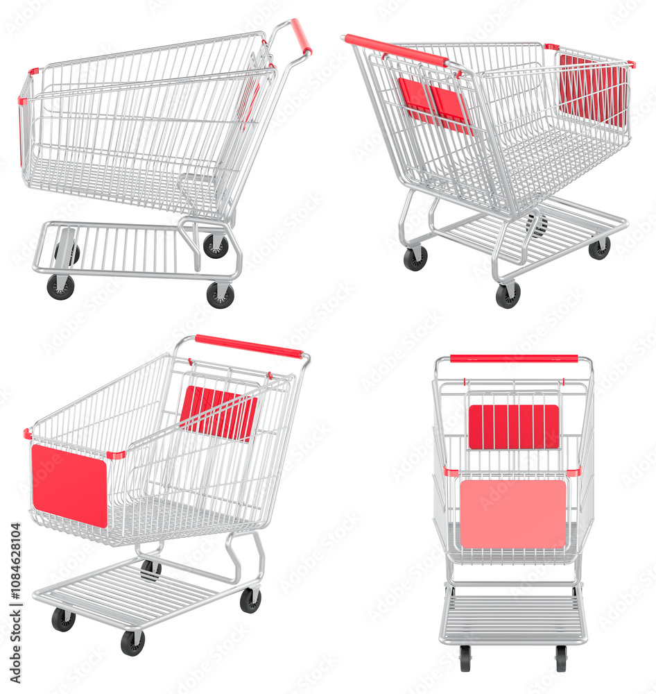 Poster empty shopping carts, side and front views. 3d rendering isolated on transparent background