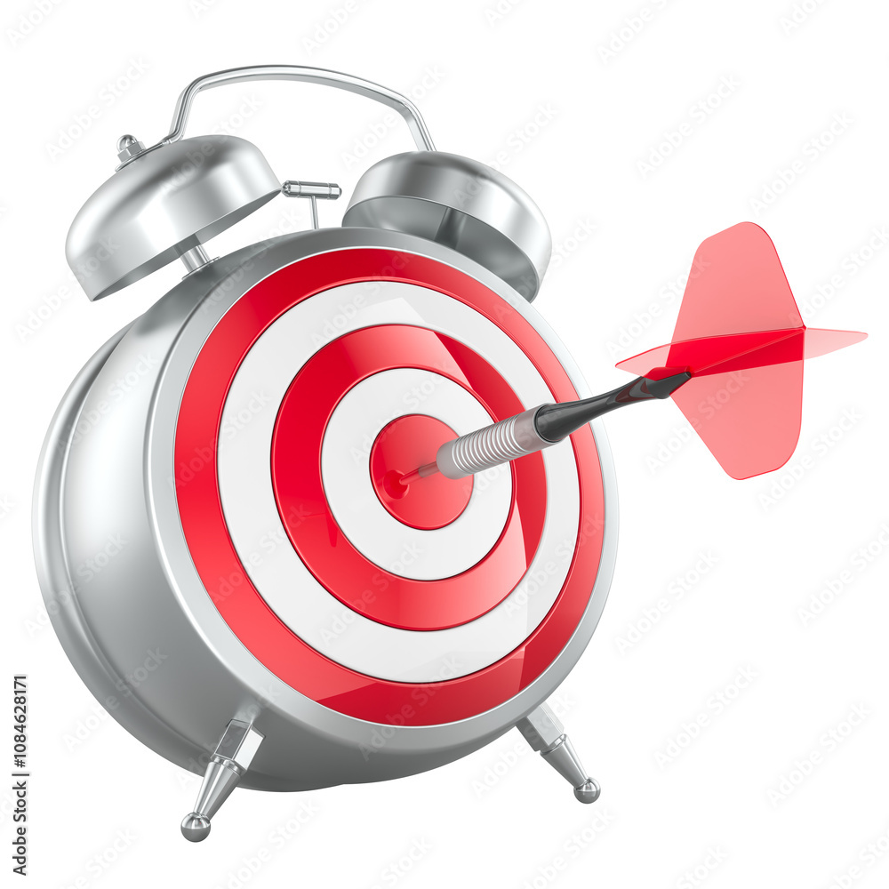 Poster alarm clock with target and arrow in bullseyes, 3d rendering isolated on transparent background