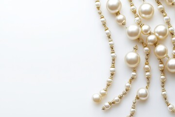 Obraz premium Elegant pearls and luxurious gold chains arranged on a pristine white background.