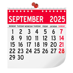 September 2025 Monthly Wall Calendar, 3D rendering isolated on transparent background