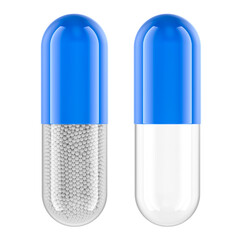 Full and empty medicament capsules, 3D rendering isolated on transparent background