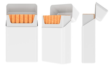 Opened White Pack of Cigarettes, side and front views. 3D rendering isolated on transparent background