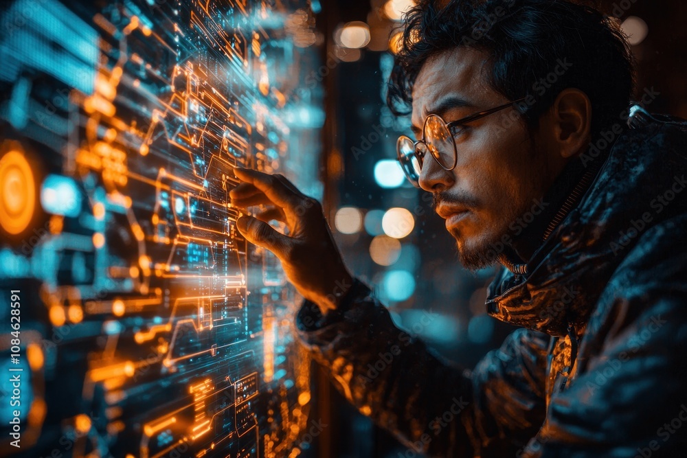 Aufkleber man interacting with futuristic interface