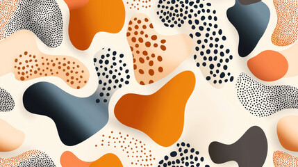 Abstract pattern with organic shapes in orange, beige, and blue tones with black polka dots and smooth gradients on a light background