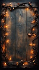The dark wooden background creates a feeling of comfort and warmth. A garland is hung along the contour, which softly illuminates the space, adding a festive mood.