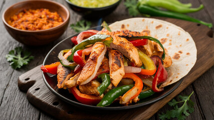 Chicken Fajitas: Sizzling strips of marinated chicken with grilled peppers and onions, served with tortillas