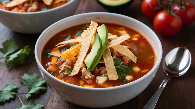 Hearty chicken tortilla soup in ceramic bowl, Mexican-style spicy broth with avocado and tortilla strips, rustic comfort food